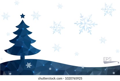 Blue postcard low polygon style christmas tree vector illustration consisting of triangles.Abstract triangular polygonal origami or crystal design of New Years celebration.Isolated on white background