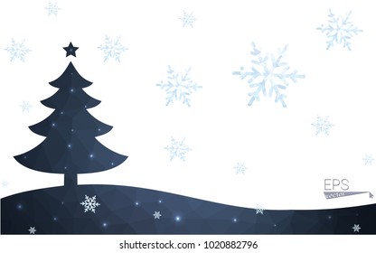 Blue postcard low polygon style christmas tree vector illustration consisting of triangles.Abstract triangular polygonal origami or crystal design of New Years celebration.Isolated on white background