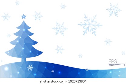 Blue postcard low polygon style christmas tree vector illustration consisting of triangles.Abstract triangular polygonal origami or crystal design of New Years celebration.Isolated on white background