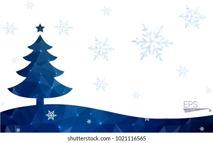 Blue postcard low polygon style christmas tree vector illustration consisting of triangles.Abstract triangular polygonal origami or crystal design of New Years celebration.Isolated on white background