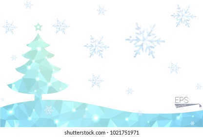 Blue postcard low polygon style christmas tree vector illustration consisting of triangles.Abstract triangular polygonal origami or crystal design of New Years celebration.Isolated on white background