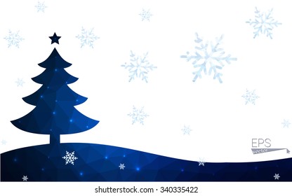 Blue postcard low polygon style christmas tree vector illustration consisting of triangles.Abstract triangular polygonal origami or crystal design of New Years celebration.Isolated on white background