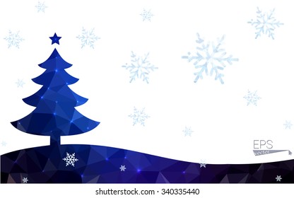 Blue postcard low polygon style christmas tree vector illustration consisting of triangles.Abstract triangular polygonal origami or crystal design of New Years celebration.Isolated on white background