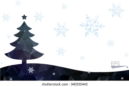 Blue postcard low polygon style christmas tree vector illustration consisting of triangles.Abstract triangular polygonal origami or crystal design of New Years celebration.Isolated on white background