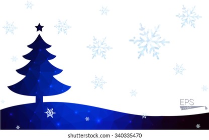 Blue postcard low polygon style christmas tree vector illustration consisting of triangles.Abstract triangular polygonal origami or crystal design of New Years celebration.Isolated on white background