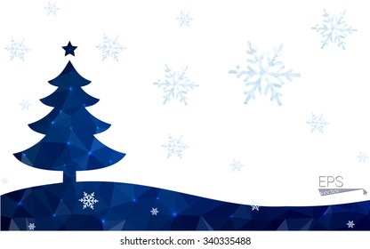 Blue postcard low polygon style christmas tree vector illustration consisting of triangles.Abstract triangular polygonal origami or crystal design of New Years celebration.Isolated on white background
