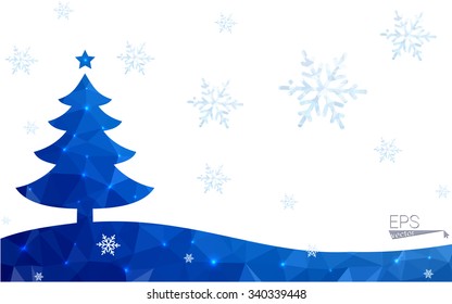 Blue postcard low polygon style christmas tree vector illustration consisting of triangles.Abstract triangular polygonal origami or crystal design of New Years celebration.Isolated on white background