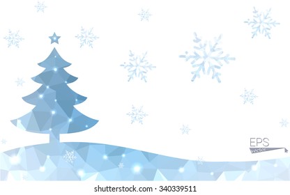 Blue postcard low polygon style christmas tree vector illustration consisting of triangles.Abstract triangular polygonal origami or crystal design of New Years celebration.Isolated on white background