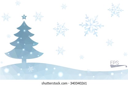 Blue postcard low polygon style christmas tree vector illustration consisting of triangles.Abstract triangular polygonal origami or crystal design of New Years celebration.Isolated on white background