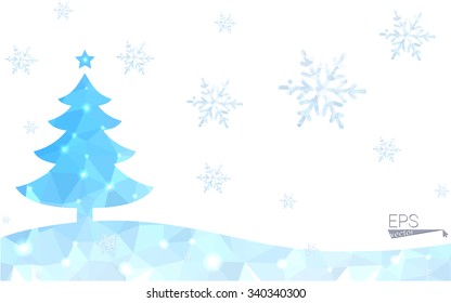 Blue postcard low polygon style christmas tree vector illustration consisting of triangles.Abstract triangular polygonal origami or crystal design of New Years celebration.Isolated on white background