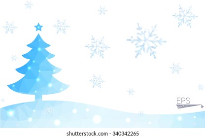 Blue postcard low polygon style christmas tree vector illustration consisting of triangles.Abstract triangular polygonal origami or crystal design of New Years celebration.Isolated on white background