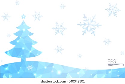 Blue postcard low polygon style christmas tree vector illustration consisting of triangles.Abstract triangular polygonal origami or crystal design of New Years celebration.Isolated on white background