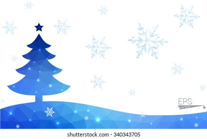 Blue postcard low polygon style christmas tree vector illustration consisting of triangles.Abstract triangular polygonal origami or crystal design of New Years celebration.Isolated on white background