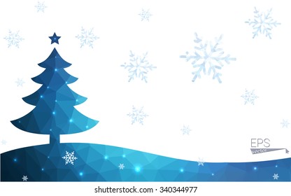 Blue postcard low polygon style christmas tree vector illustration consisting of triangles.Abstract triangular polygonal origami or crystal design of New Years celebration.Isolated on white background