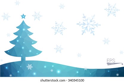 Blue postcard low polygon style christmas tree vector illustration consisting of triangles.Abstract triangular polygonal origami or crystal design of New Years celebration.Isolated on white background