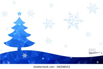 Blue postcard low polygon style christmas tree vector illustration consisting of triangles.Abstract triangular polygonal origami or crystal design of New Years celebration.Isolated on white background