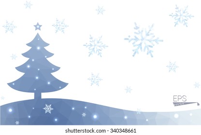 Blue postcard low polygon style christmas tree vector illustration consisting of triangles.Abstract triangular polygonal origami or crystal design of New Years celebration.Isolated on white background