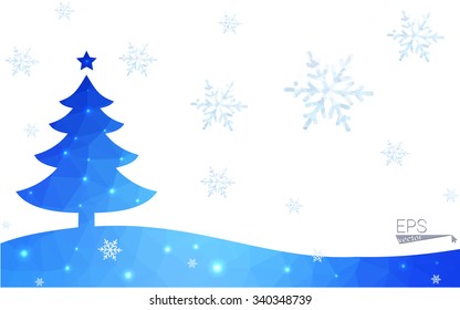 Blue postcard low polygon style christmas tree vector illustration consisting of triangles.Abstract triangular polygonal origami or crystal design of New Years celebration.Isolated on white background