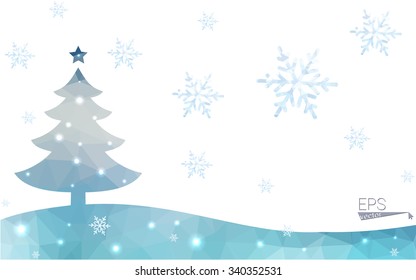 Blue postcard low polygon style christmas tree vector illustration consisting of triangles.Abstract triangular polygonal origami or crystal design of New Years celebration.Isolated on white background