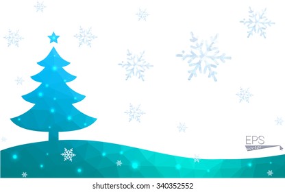 Blue postcard low polygon style christmas tree vector illustration consisting of triangles.Abstract triangular polygonal origami or crystal design of New Years celebration.Isolated on white background