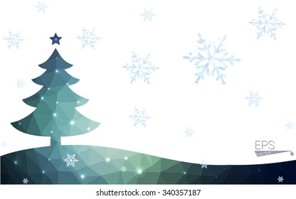Blue postcard low polygon style christmas tree vector illustration consisting of triangles.Abstract triangular polygonal origami or crystal design of New Years celebration.Isolated on white background