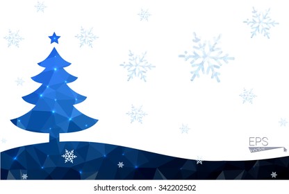 Blue postcard low polygon style christmas tree vector illustration consisting of triangles.Abstract triangular polygonal origami or crystal design of New Years celebration.Isolated on white background