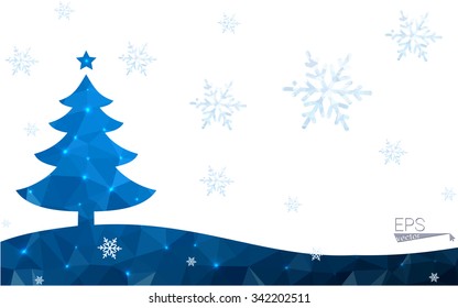 Blue postcard low polygon style christmas tree vector illustration consisting of triangles.Abstract triangular polygonal origami or crystal design of New Years celebration.Isolated on white background