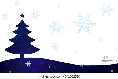 Blue postcard low polygon style christmas tree vector illustration consisting of triangles.Abstract triangular polygonal origami or crystal design of New Years celebration.Isolated on white background