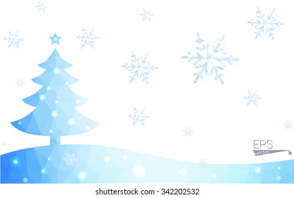 Blue postcard low polygon style christmas tree vector illustration consisting of triangles.Abstract triangular polygonal origami or crystal design of New Years celebration.Isolated on white background