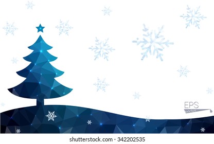 Blue postcard low polygon style christmas tree vector illustration consisting of triangles.Abstract triangular polygonal origami or crystal design of New Years celebration.Isolated on white background