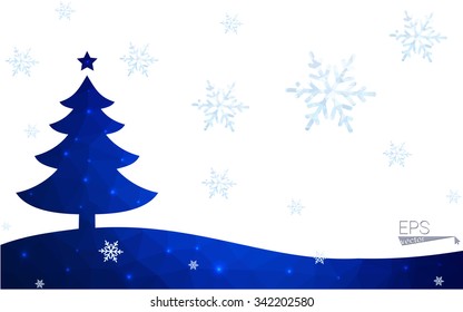 Blue postcard low polygon style christmas tree vector illustration consisting of triangles.Abstract triangular polygonal origami or crystal design of New Years celebration.Isolated on white background