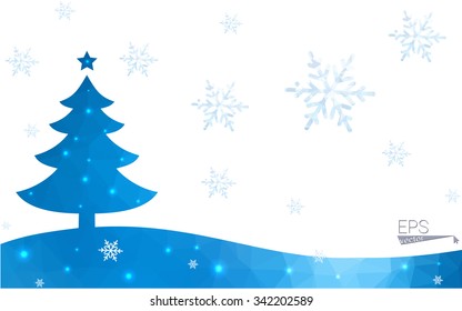 Blue postcard low polygon style christmas tree vector illustration consisting of triangles.Abstract triangular polygonal origami or crystal design of New Years celebration.Isolated on white background