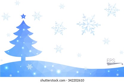 Blue postcard low polygon style christmas tree vector illustration consisting of triangles.Abstract triangular polygonal origami or crystal design of New Years celebration.Isolated on white background