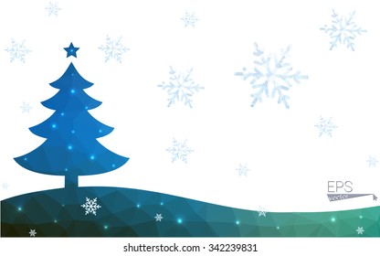 Blue postcard low polygon style christmas tree vector illustration consisting of triangles.Abstract triangular polygonal origami or crystal design of New Years celebration.Isolated on white background