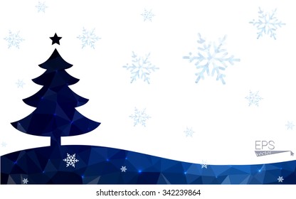 Blue postcard low polygon style christmas tree vector illustration consisting of triangles.Abstract triangular polygonal origami or crystal design of New Years celebration.Isolated on white background