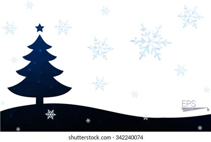 Blue postcard low polygon style christmas tree vector illustration consisting of triangles.Abstract triangular polygonal origami or crystal design of New Years celebration.Isolated on white background