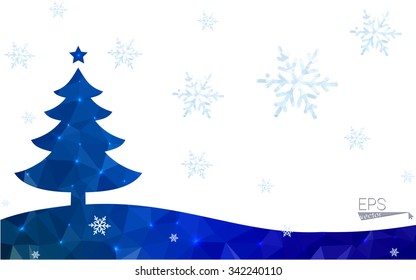 Blue postcard low polygon style christmas tree vector illustration consisting of triangles.Abstract triangular polygonal origami or crystal design of New Years celebration.Isolated on white background