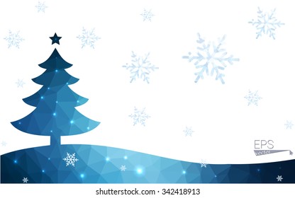 Blue postcard low polygon style christmas tree vector illustration consisting of triangles.Abstract triangular polygonal origami or crystal design of New Years celebration.Isolated on white background