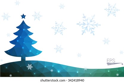 Blue postcard low polygon style christmas tree vector illustration consisting of triangles.Abstract triangular polygonal origami or crystal design of New Years celebration.Isolated on white background