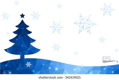 Blue postcard low polygon style christmas tree vector illustration consisting of triangles.Abstract triangular polygonal origami or crystal design of New Years celebration.Isolated on white background