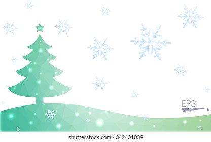 Blue postcard low polygon style christmas tree vector illustration consisting of triangles.Abstract triangular polygonal origami or crystal design of New Years celebration.Isolated on white background