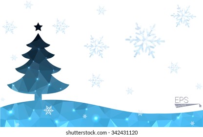 Blue postcard low polygon style christmas tree vector illustration consisting of triangles.Abstract triangular polygonal origami or crystal design of New Years celebration.Isolated on white background