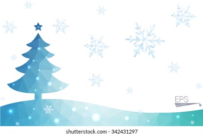 Blue postcard low polygon style christmas tree vector illustration consisting of triangles.Abstract triangular polygonal origami or crystal design of New Years celebration.Isolated on white background