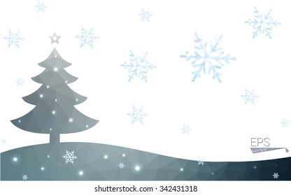 Blue postcard low polygon style christmas tree vector illustration consisting of triangles.Abstract triangular polygonal origami or crystal design of New Years celebration.Isolated on white background