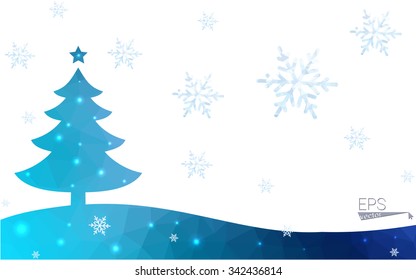 Blue postcard low polygon style christmas tree vector illustration consisting of triangles.Abstract triangular polygonal origami or crystal design of New Years celebration.Isolated on white background