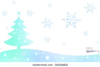 Blue postcard low polygon style christmas tree vector illustration consisting of triangles.Abstract triangular polygonal origami or crystal design of New Years celebration.Isolated on white background