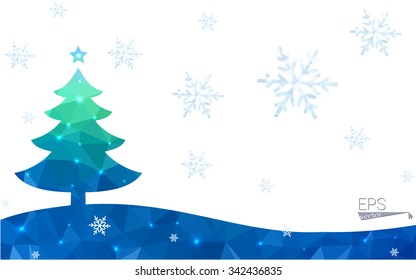 Blue postcard low polygon style christmas tree vector illustration consisting of triangles.Abstract triangular polygonal origami or crystal design of New Years celebration.Isolated on white background