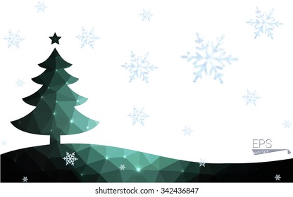 Blue postcard low polygon style christmas tree vector illustration consisting of triangles.Abstract triangular polygonal origami or crystal design of New Years celebration.Isolated on white background