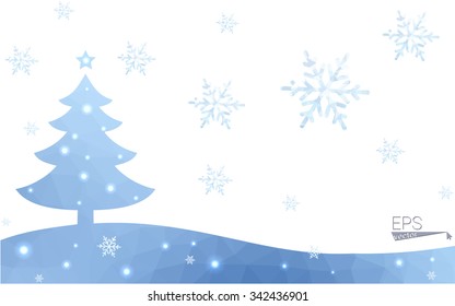 Blue postcard low polygon style christmas tree vector illustration consisting of triangles.Abstract triangular polygonal origami or crystal design of New Years celebration.Isolated on white background
