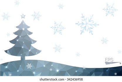 Blue postcard low polygon style christmas tree vector illustration consisting of triangles.Abstract triangular polygonal origami or crystal design of New Years celebration.Isolated on white background